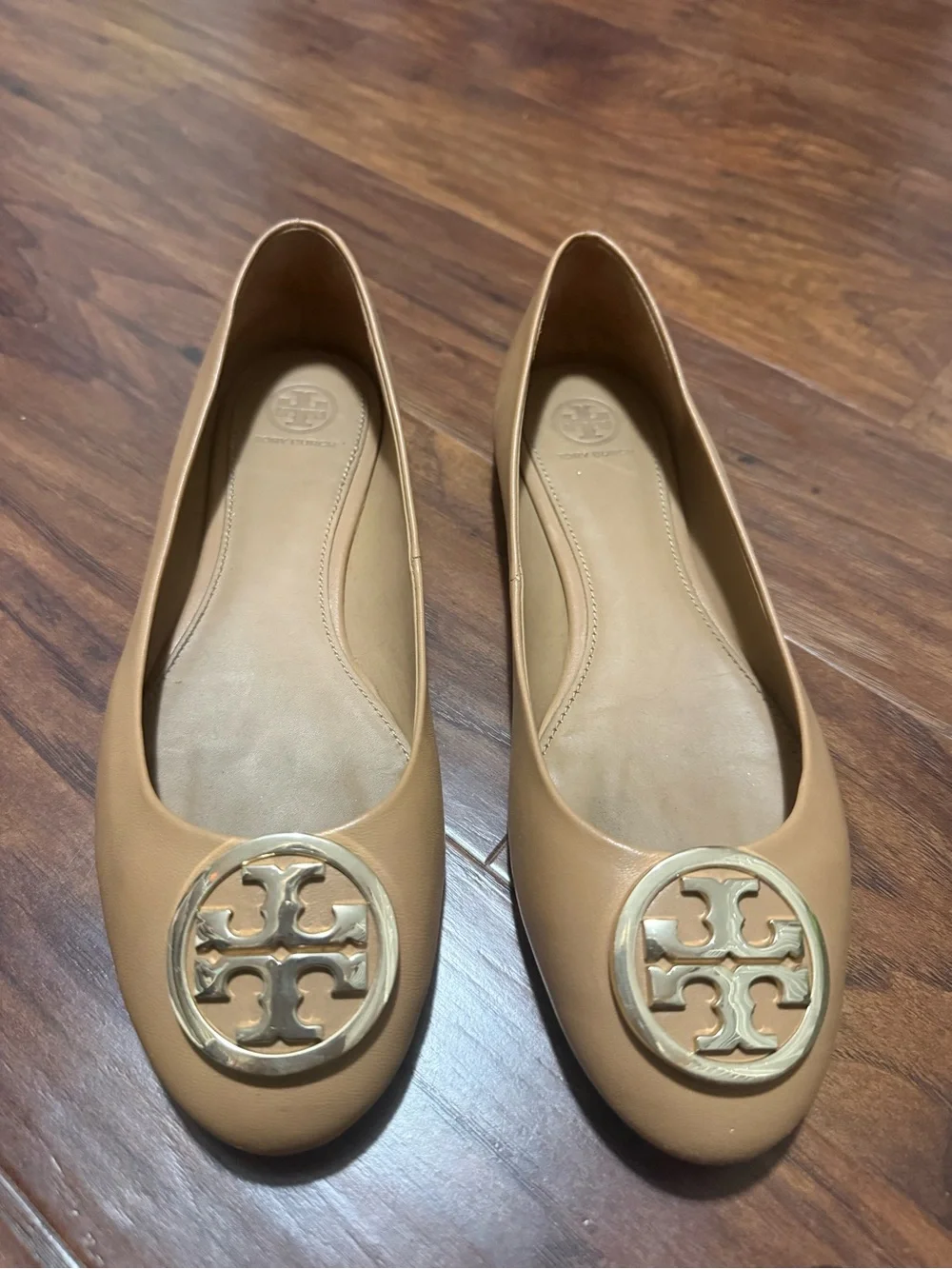 Tory Burch Beige Leather Logo Ballet Flats